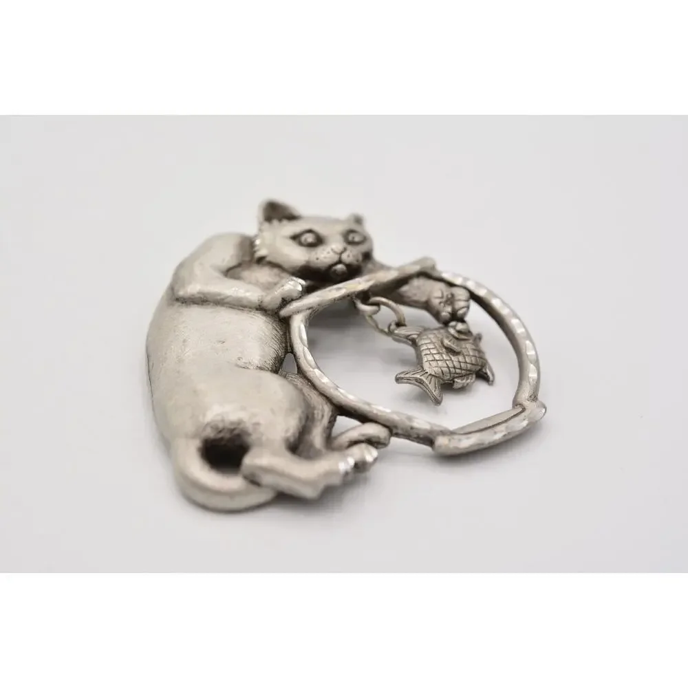 JJ Cat Pin Brooch Brushed Silver Pewter Fish Bowl Dangling Vintage Signed 80s 9B